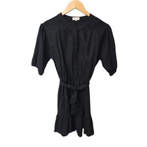 Tali Mini Dress Women G/Large Black Linen Blend Ruffle Puff Sleeve Minimalist